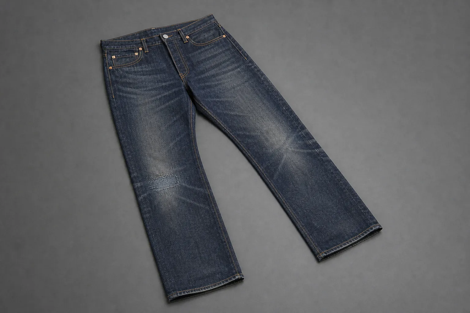 The same raw indigo jeans after 11 years of field use and repair